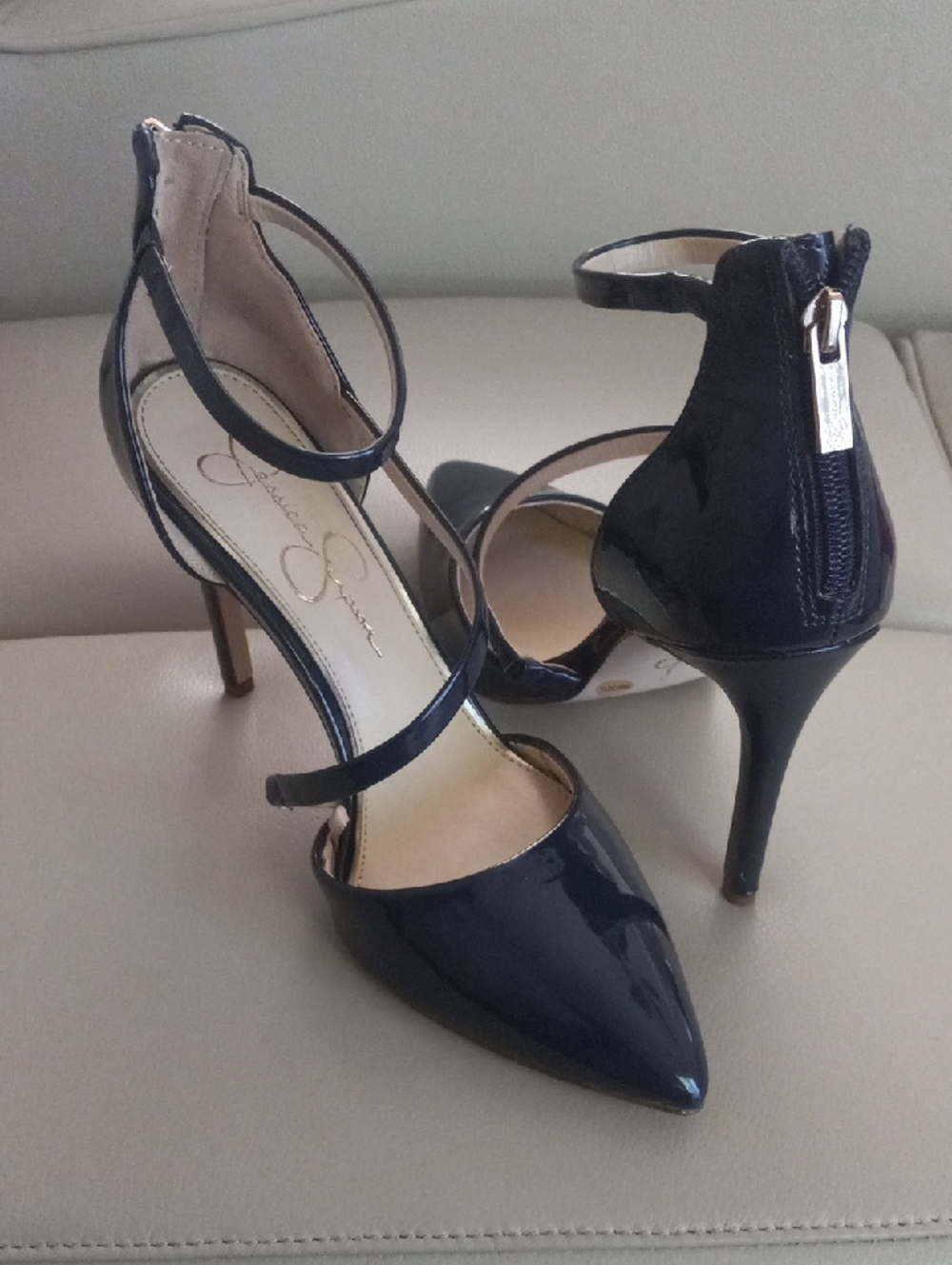 Jessica Simpson Navy Patent Pointed-Toe Ankle-Strap Heels - Picture 4 of 17